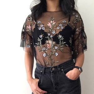 Zara floral embroidered black sheer blouse Size S